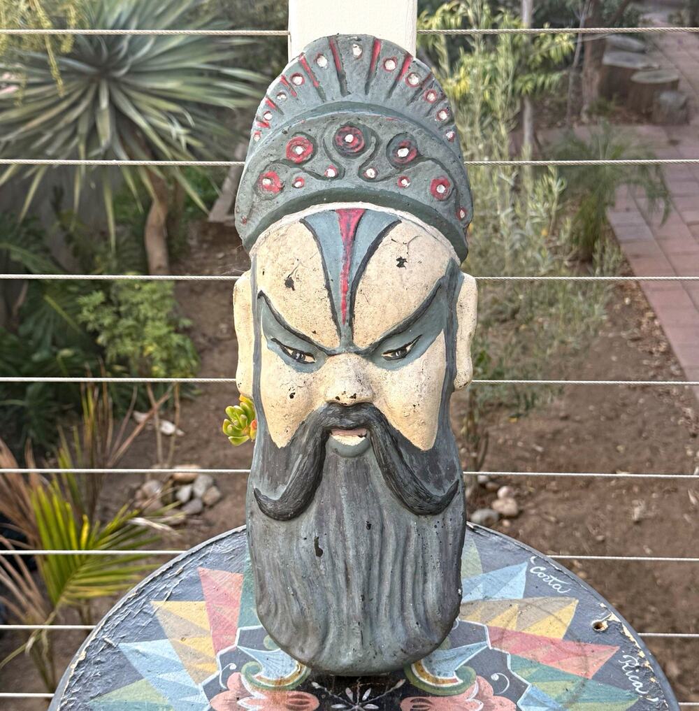 Vintage Asian Chinese Warrior Deity Head Wall Sculpture Hand Painted Heavy